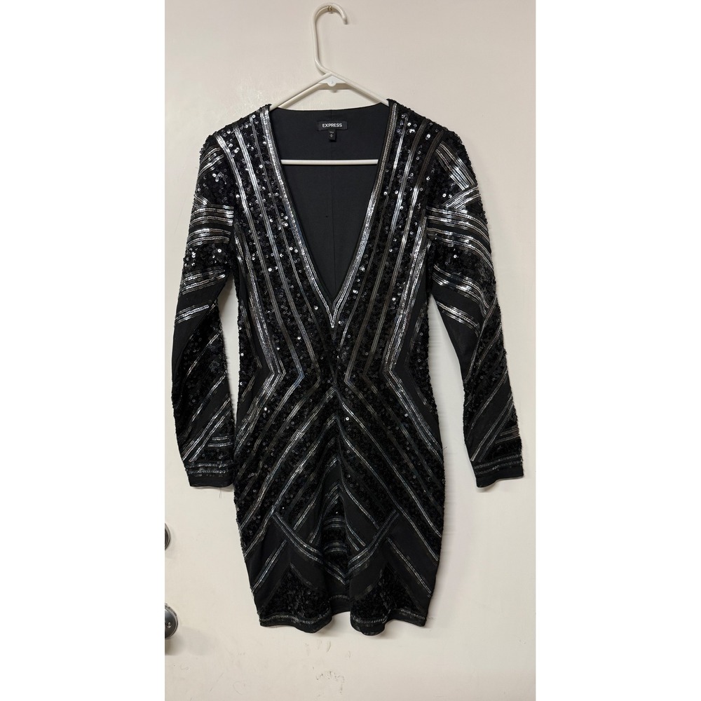 Express Women M Black Silver Sequin Geometric Bodycon Mini Dress Long Sleeve